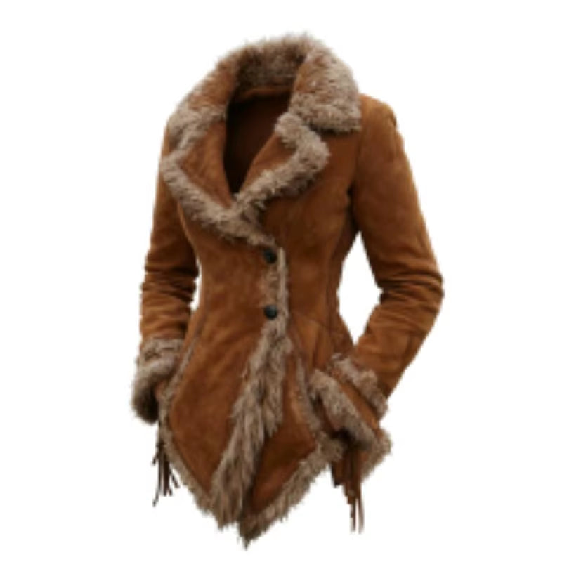 Women'S Vintage Suede Coat Fur Collar Lapel Coat Beggar Style Coat
