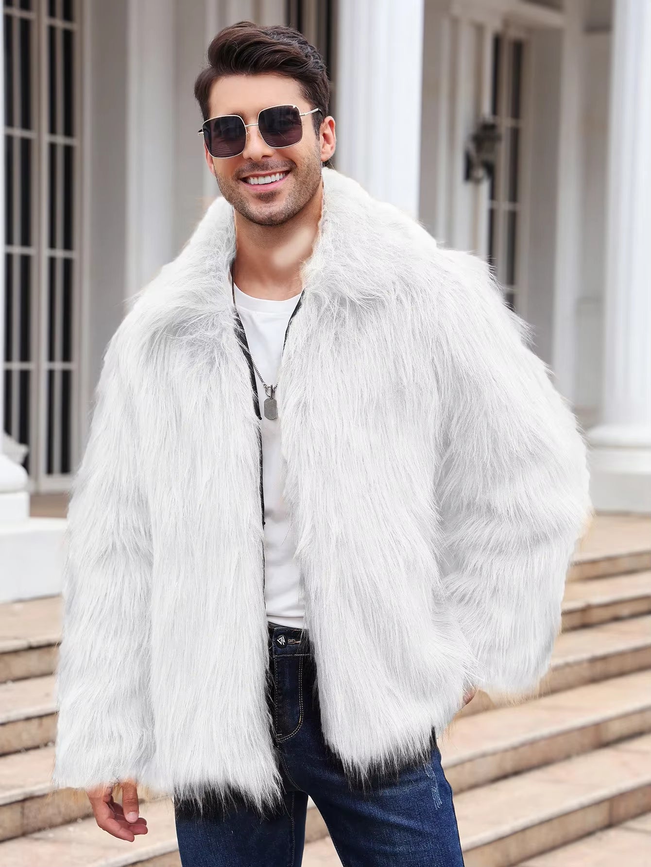 Men Faux Fox Fur Jacket Coat Winter Thick Fluffy Long Sleeve Lapel Warm Shaggy Outerwear Luxury Fur Jacket Bontjas Jackets Mens