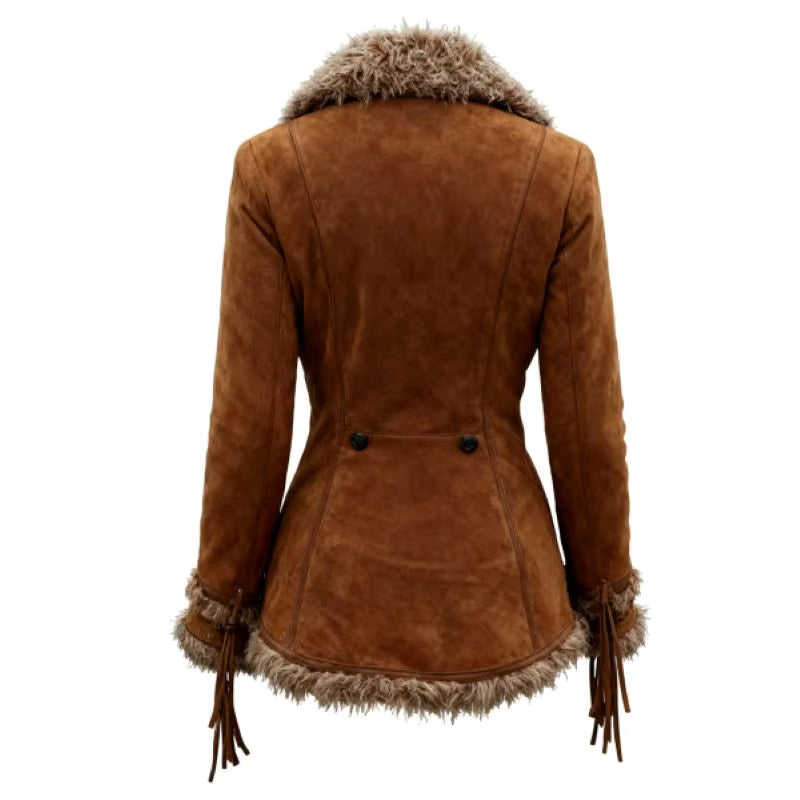 Women'S Vintage Suede Coat Fur Collar Lapel Coat Beggar Style Coat